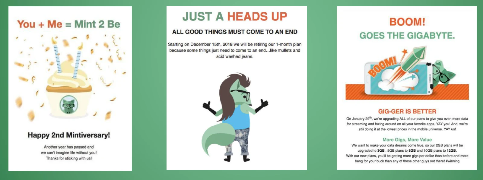 Earlier Mint emails featuring the fox in illustrated celebration and comic scenes