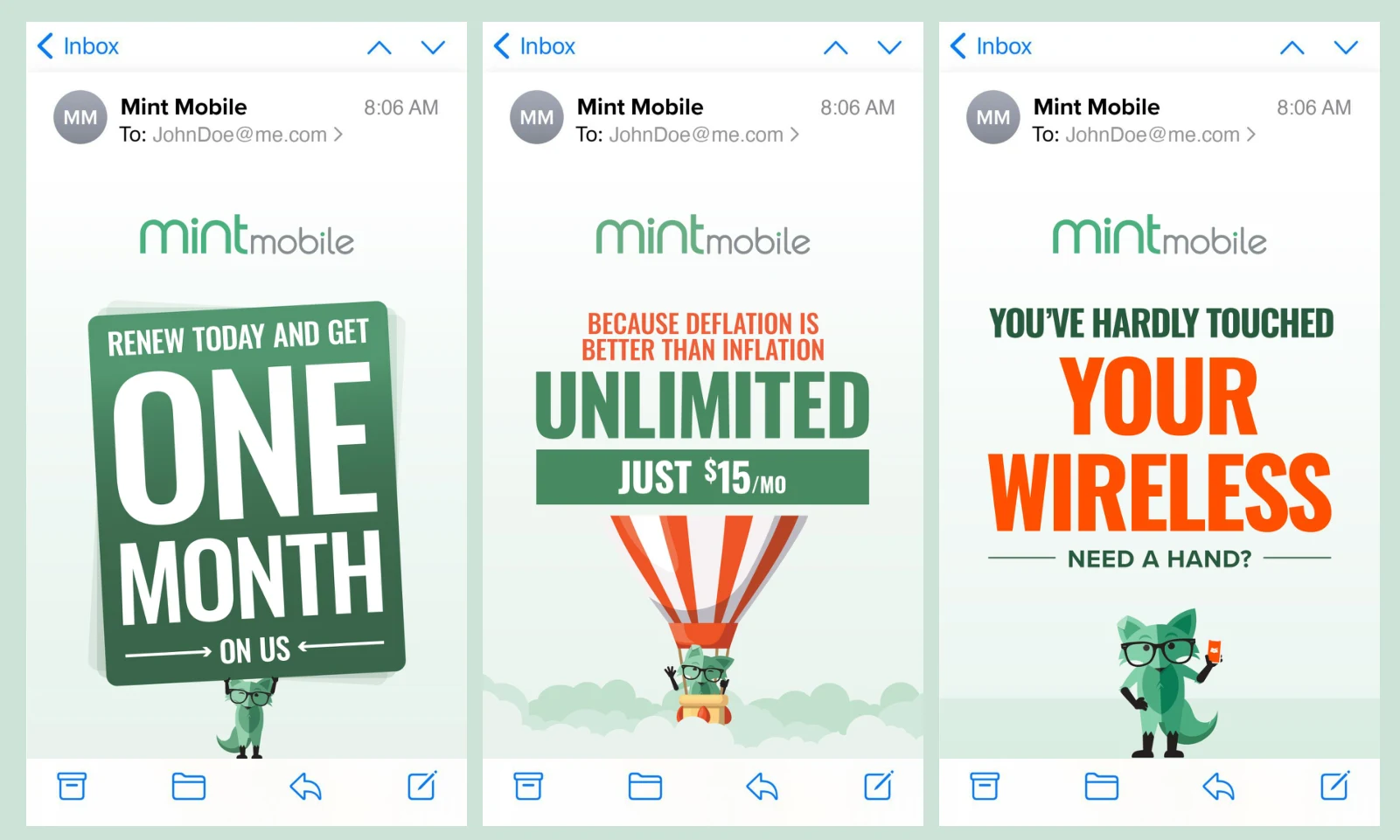 Refreshed Mint emails with prominent offers and a supporting fox