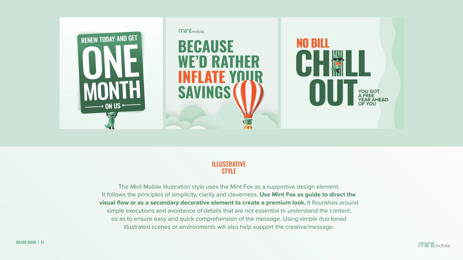 Mint illustration guidelines showing the fox supporting large headlines