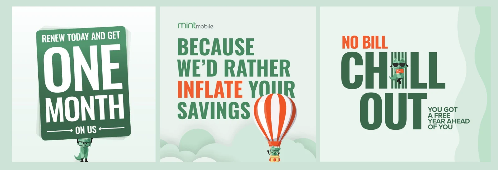 Three Mint creative examples where the fox supports the headline