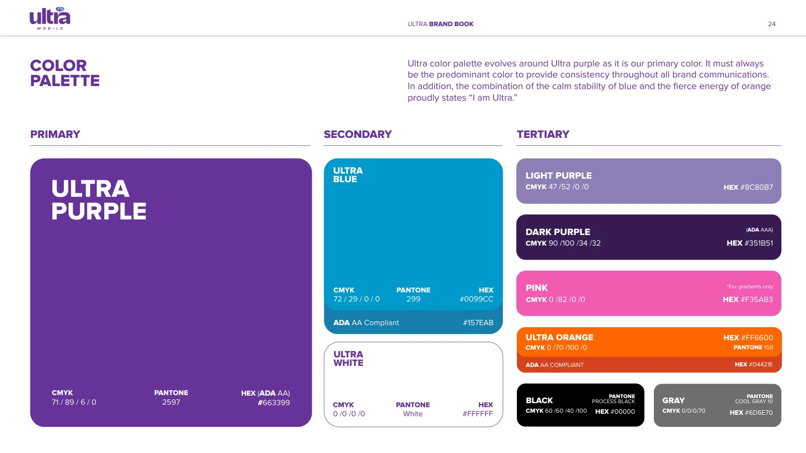 Ultra brand book color palette with primary purple and supporting colors