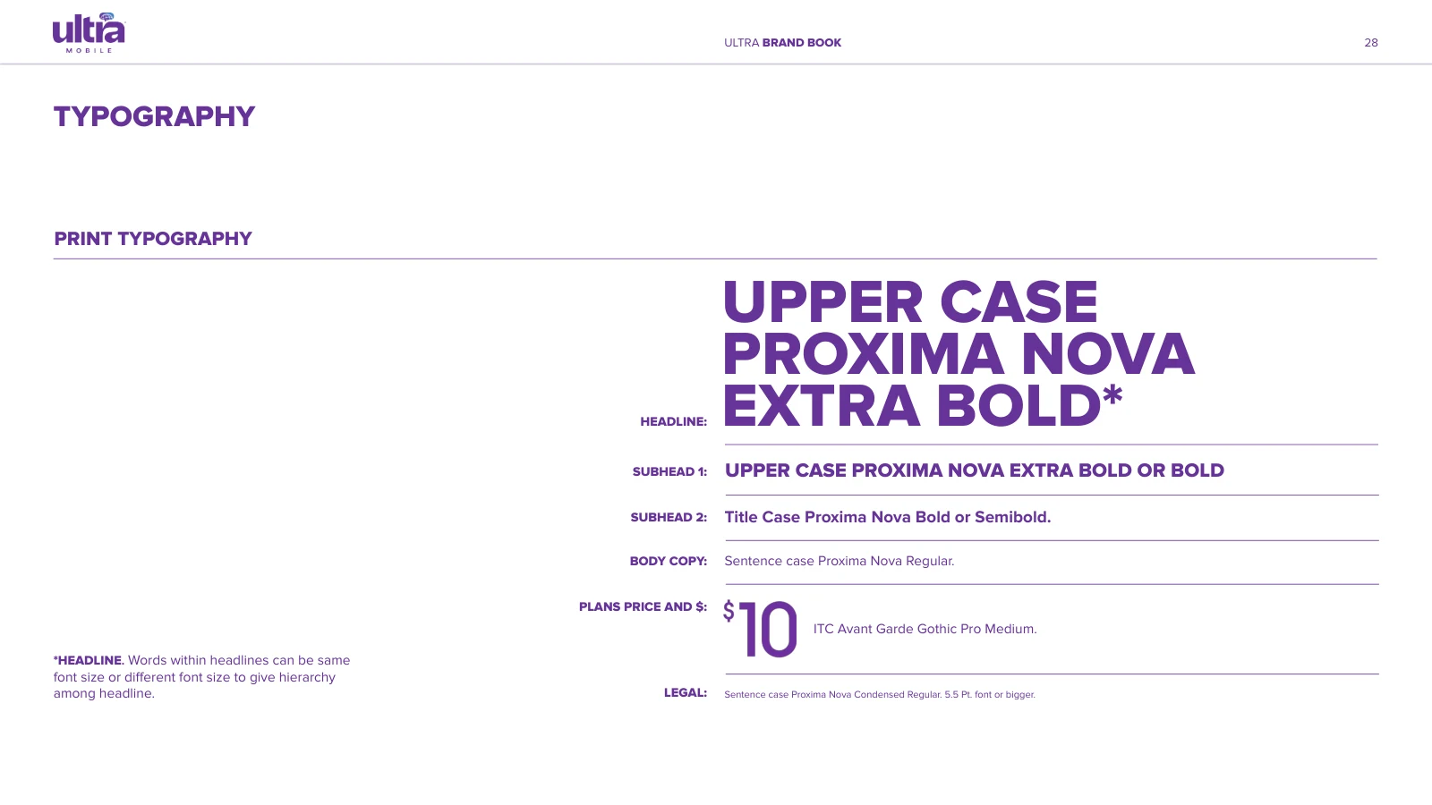 Ultra typography guidelines for headlines body copy and pricing