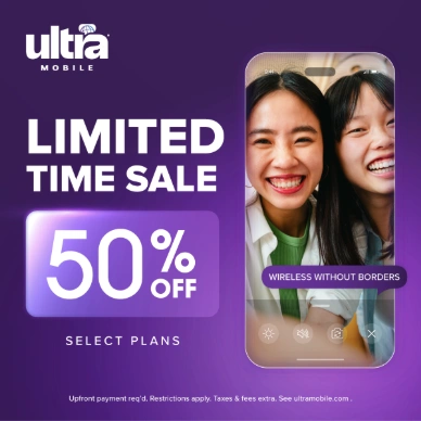 Limited-time sale ad pairing a 50 percent offer with a portrait of two women