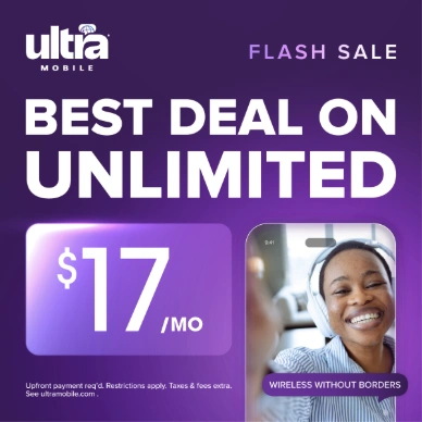 Unlimited-plan sale ad pairing a prominent price with a smiling woman