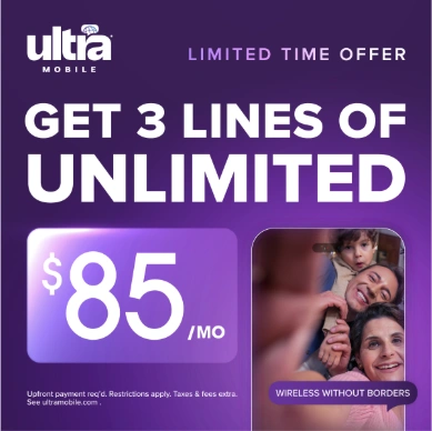 Three-line unlimited-plan ad featuring a family together
